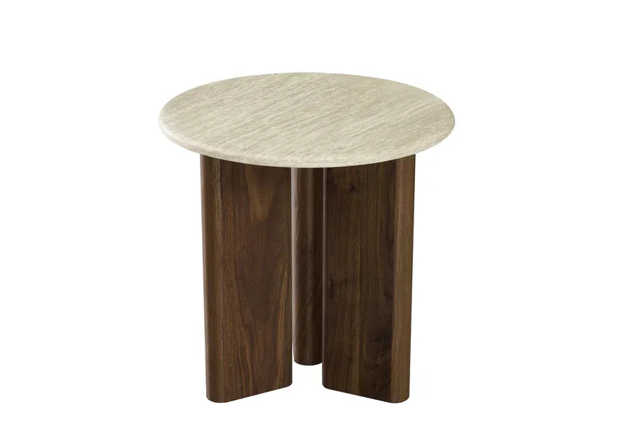 Round side table with light wood top and dark wood legs, modern furniture design