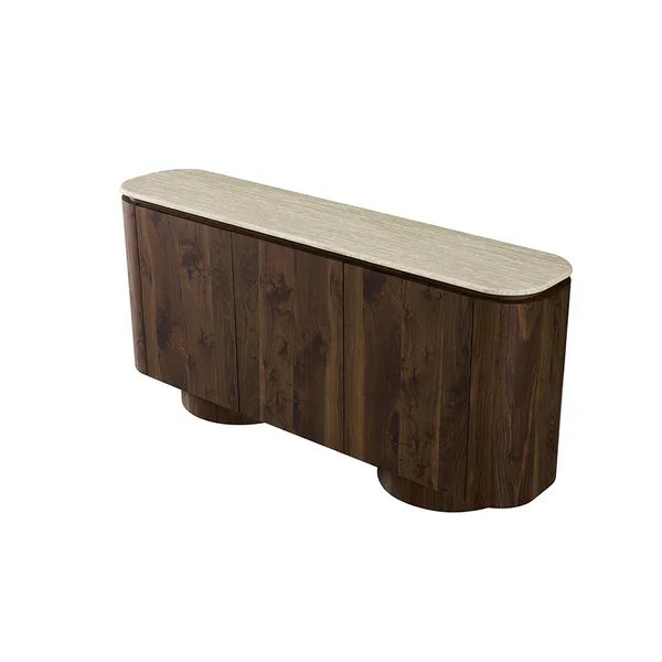 Walnut sideboard with rounded edges and light stone top, shown at an angled view