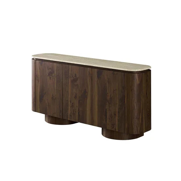 Modern sideboard with dark wood finish and rounded marble top