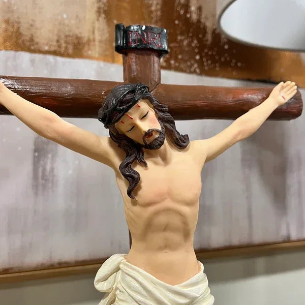 Resin crucifix wall decor with Jesus figure and detailed wood-style cross