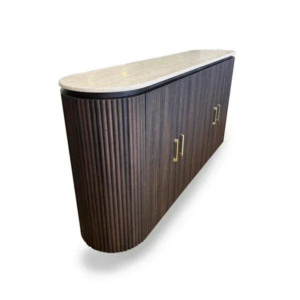 Dark wood sideboard with fluted panel doors, marble top, and gold handles