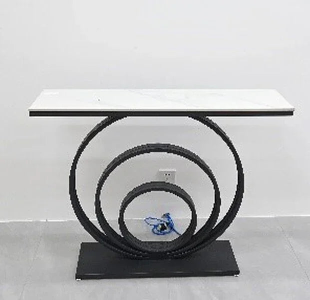 Modern console table with white marble top and black circular metal base
