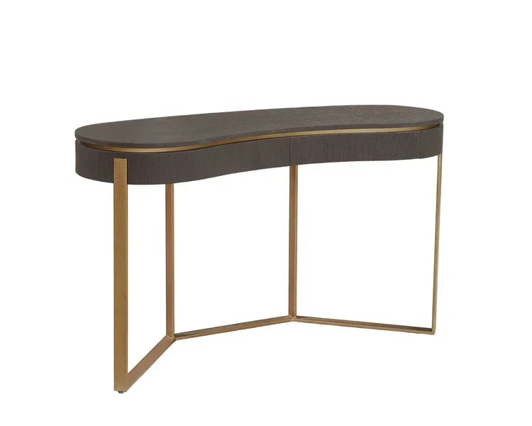 Modern console table with curved dark wood top and gold metal frame on white background