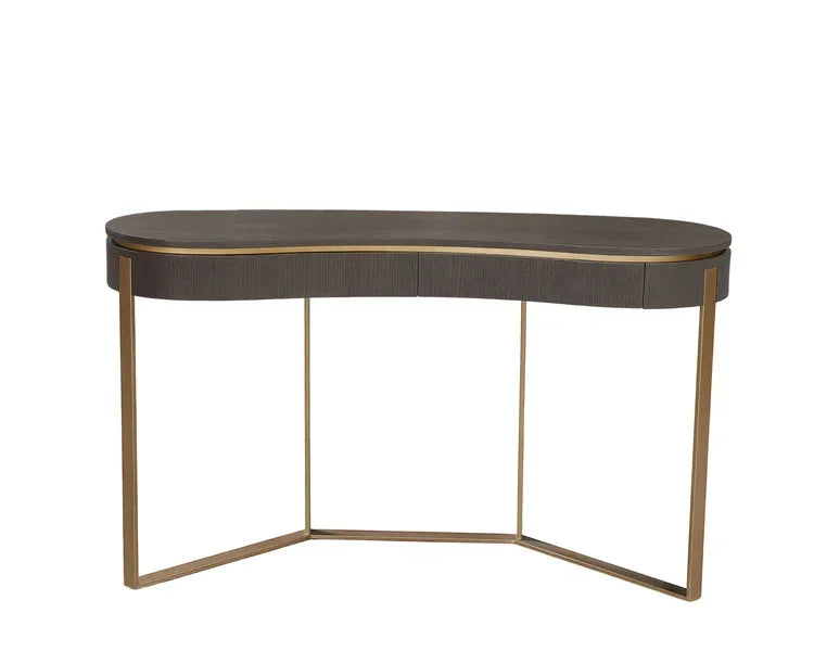 Modern console table with curved dark wood top and gold metal frame