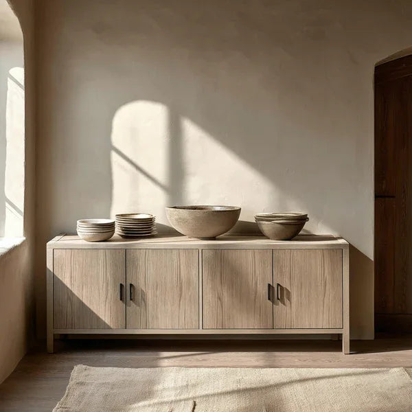 Light wood sideboard cabinet with ceramic bowls and plates in a modern dining room