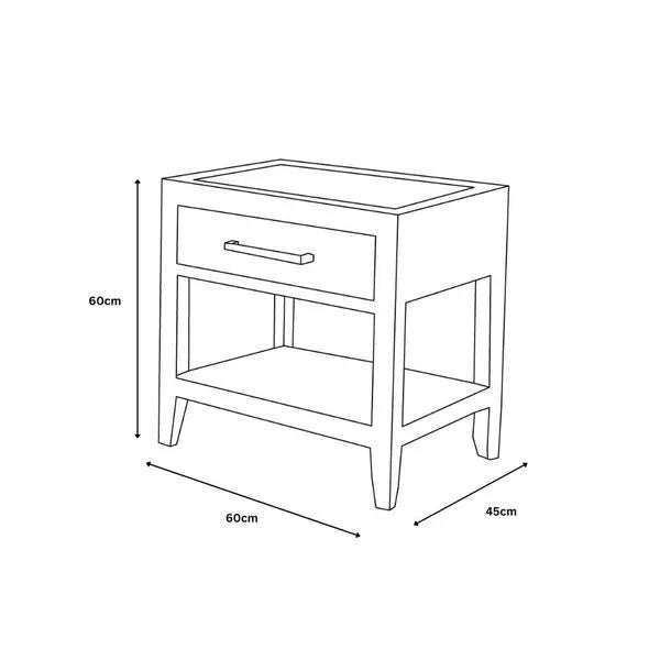Bedside table with drawer and shelf, 60cm wide by 60cm high by 45cm deep, line drawing