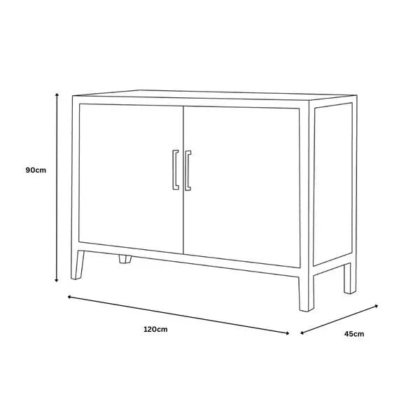 Sideboard cabinet with two doors, metal handles, and dimensions 120cm x 45cm x 90cm