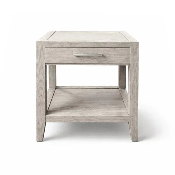 Light wood side table with drawer and lower shelf, front view