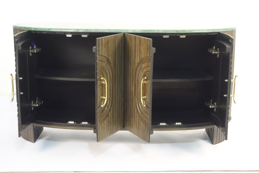 Curved wooden cabinet with open double doors and brass handles showing shelves