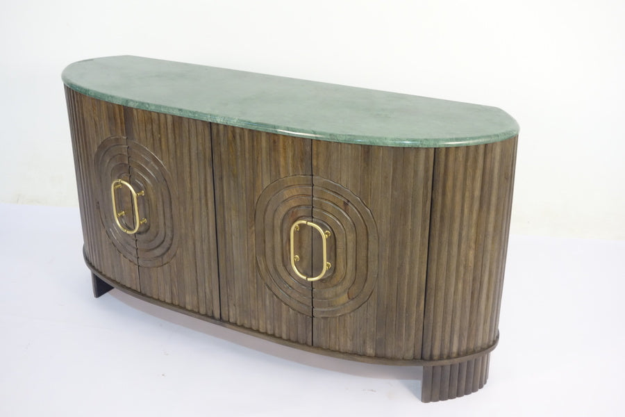 Curved wooden sideboard with four doors and brass handles with green marble top
