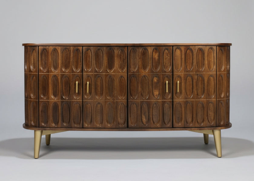 Wooden four-door sideboard with oval carved details and rounded edges | Home Centre Direct UK
