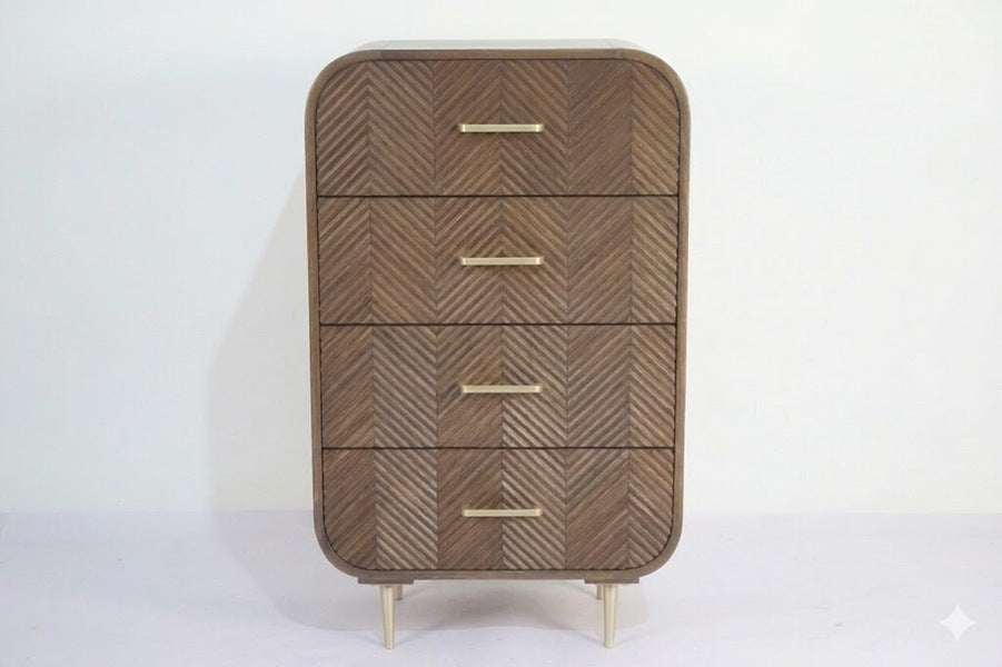 Sonar 4 drawer tall boy in dark mango wood with layered chevron drawer fronts and gold-tone handles and legs, front view on plain background