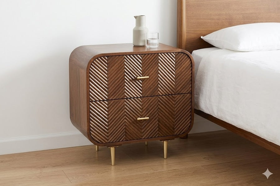 Sonar 2 drawer bedside in dark mango wood with layered chevron drawer fronts, gold-tone handles and legs, beside a bed