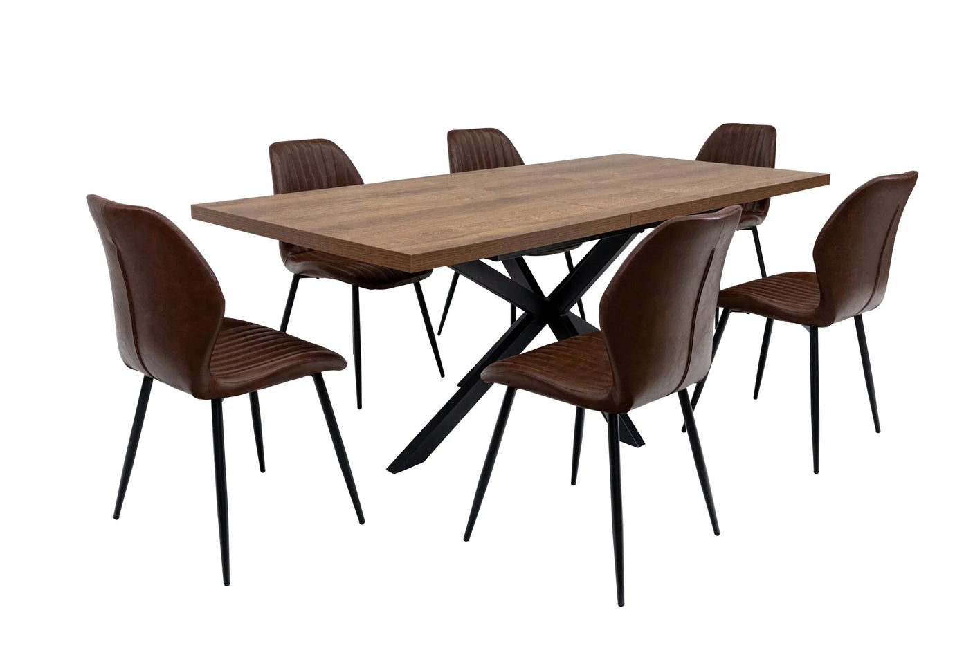 Rectangular wood dining table with black metal legs and six brown leather chairs