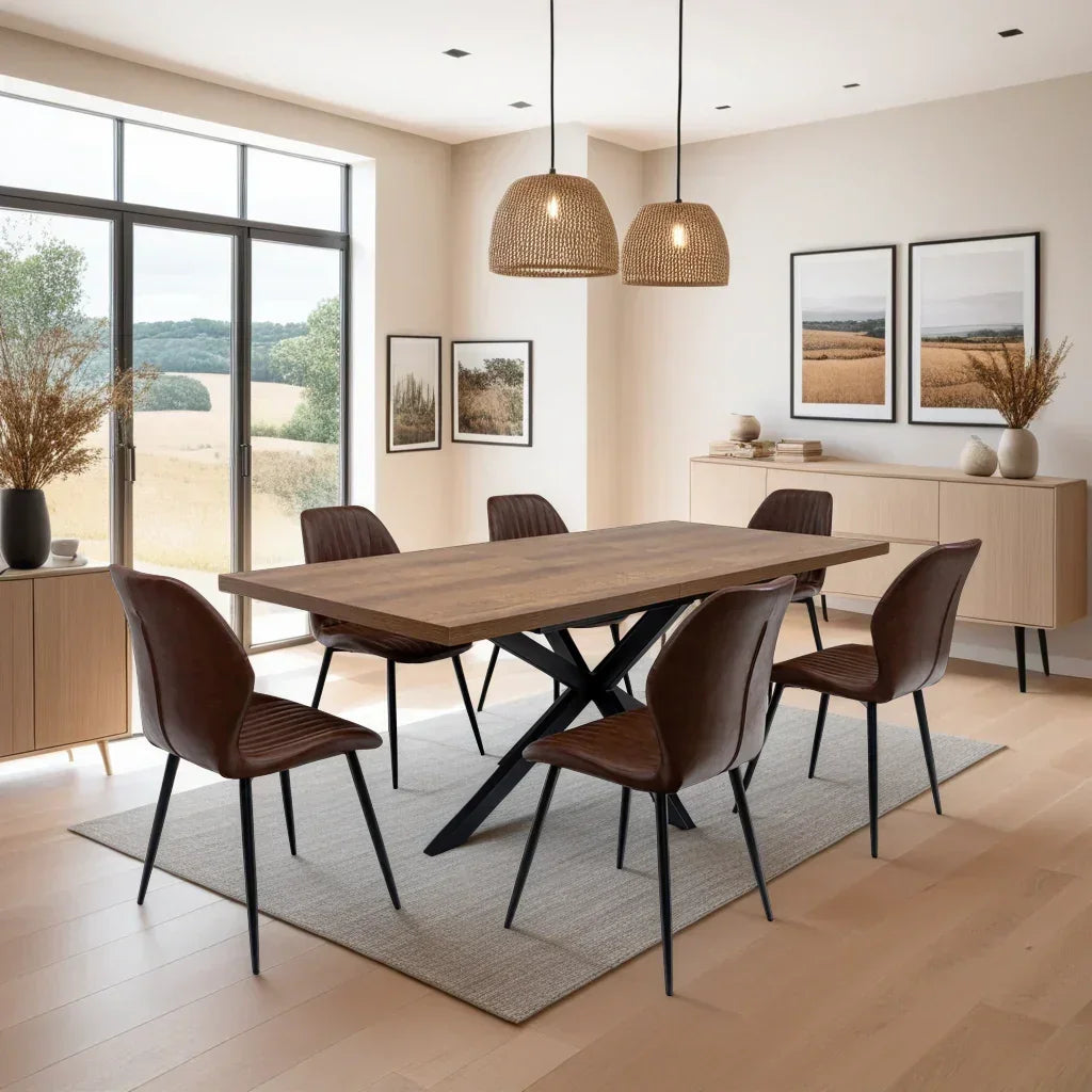 Modern dining set with wooden table, six brown chairs, and sideboard in bright dining room