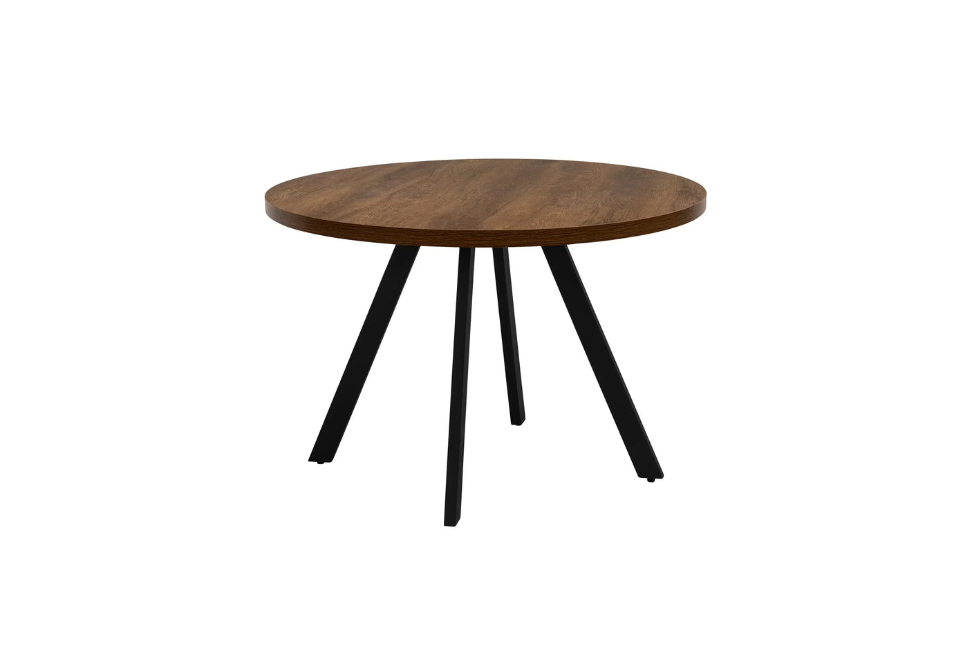 Round dining table with wood finish top and black angled metal legs