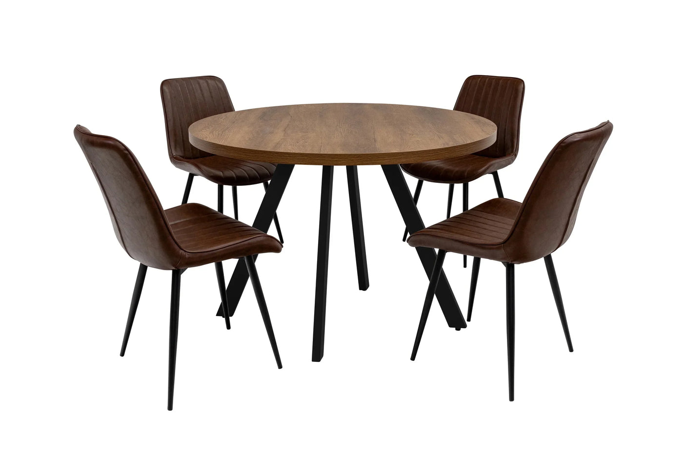 Round oak dining table with four brown faux leather chairs and black metal legs