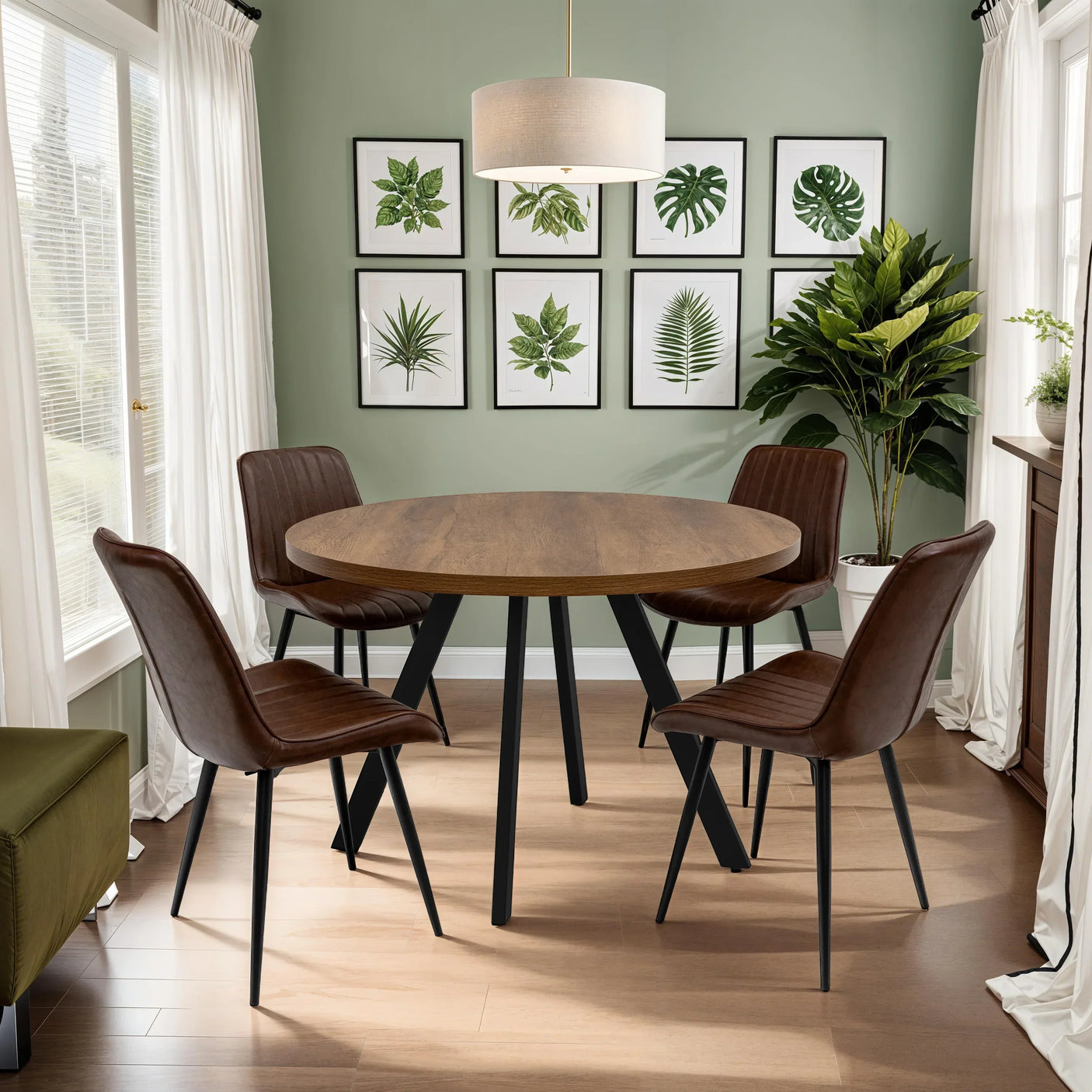 Round wooden dining table with four brown leather chairs in modern dining room