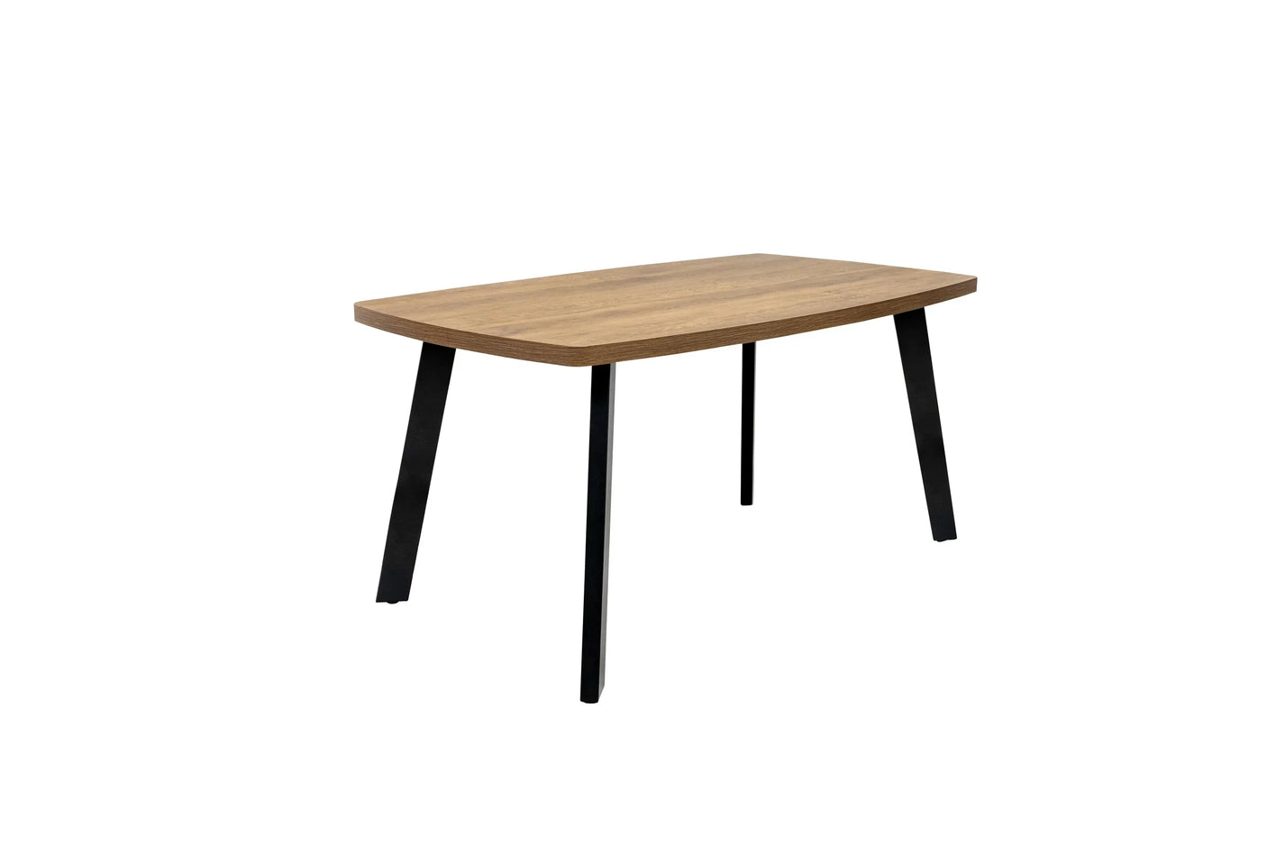 Rectangular dining table with wood top and black metal legs, angled front view