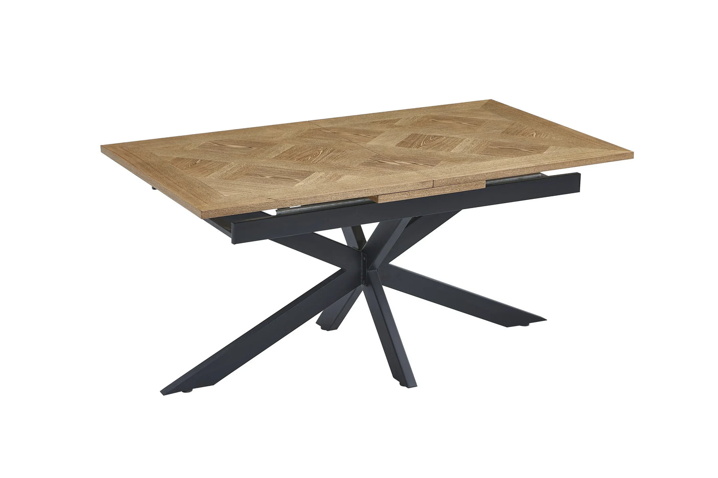 Rectangular dining table with oak parquet top and black metal starbase legs