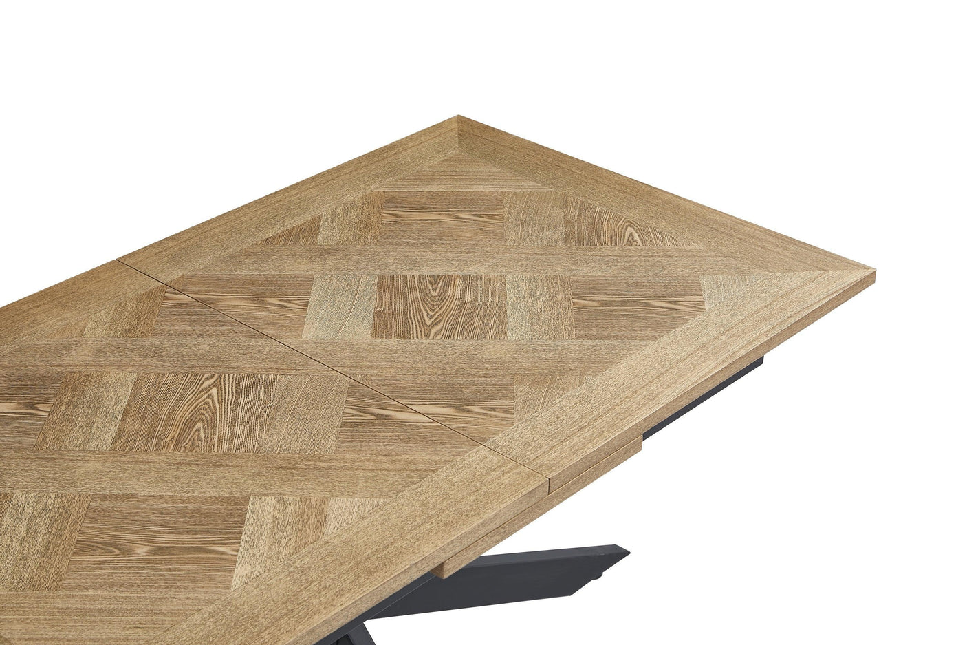 Rectangular oak dining table with geometric wood grain top and black metal legs