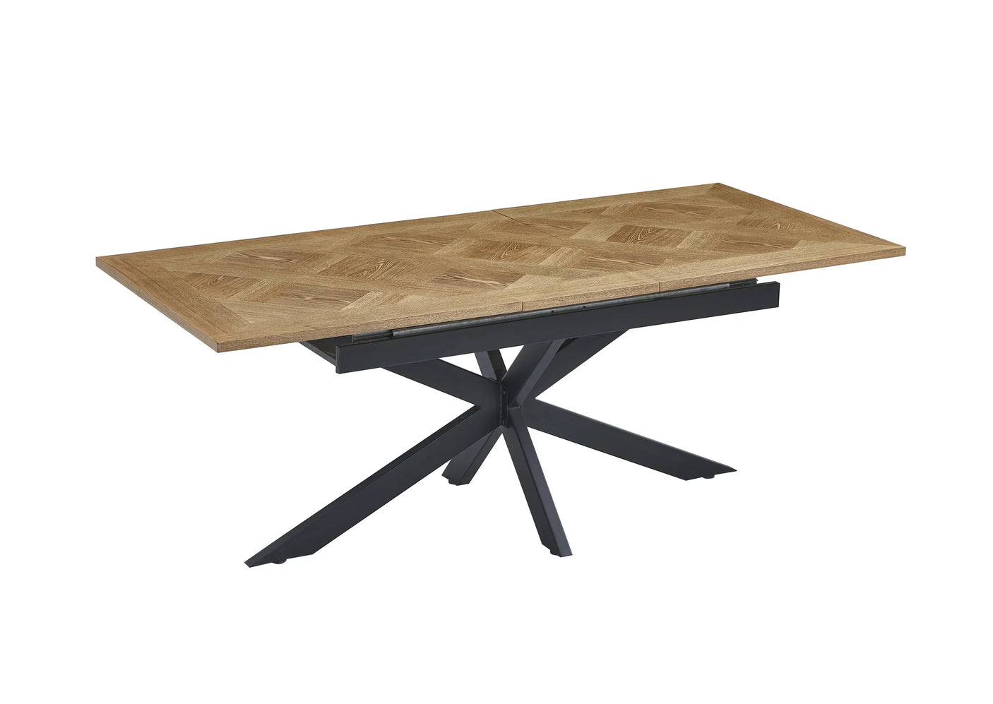 Rectangular wooden dining table with black metal spider legs and parquet top pattern