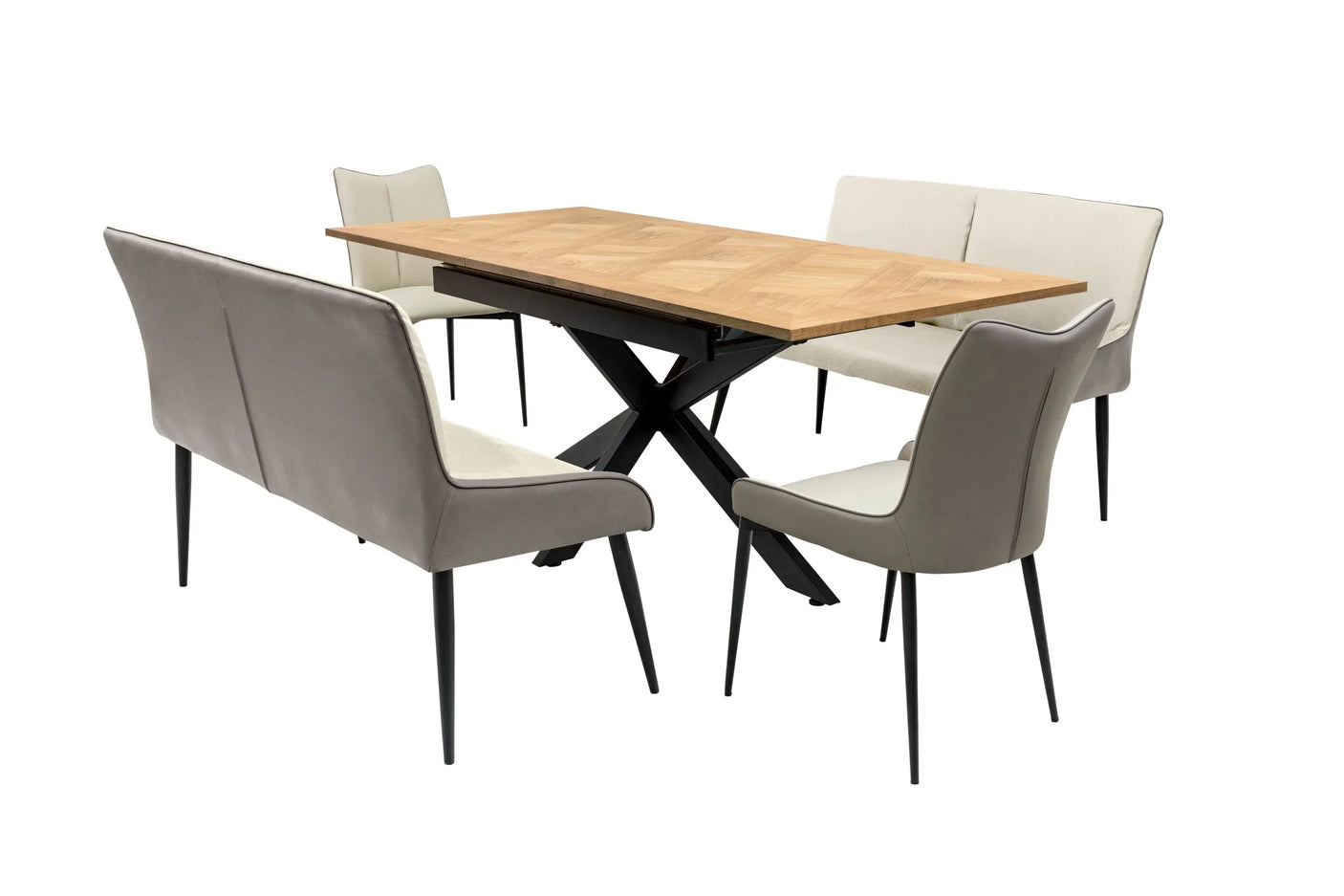 Modern dining table set with wood top, black metal legs, two benches and two chairs