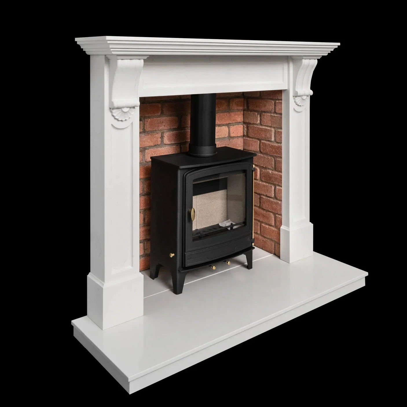 Black wood burning stove with glass door set in white fireplace and brick surround