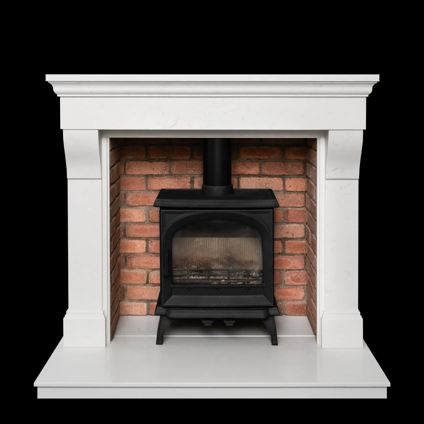 Black cast iron stove fireplace with white mantel and red brick surround