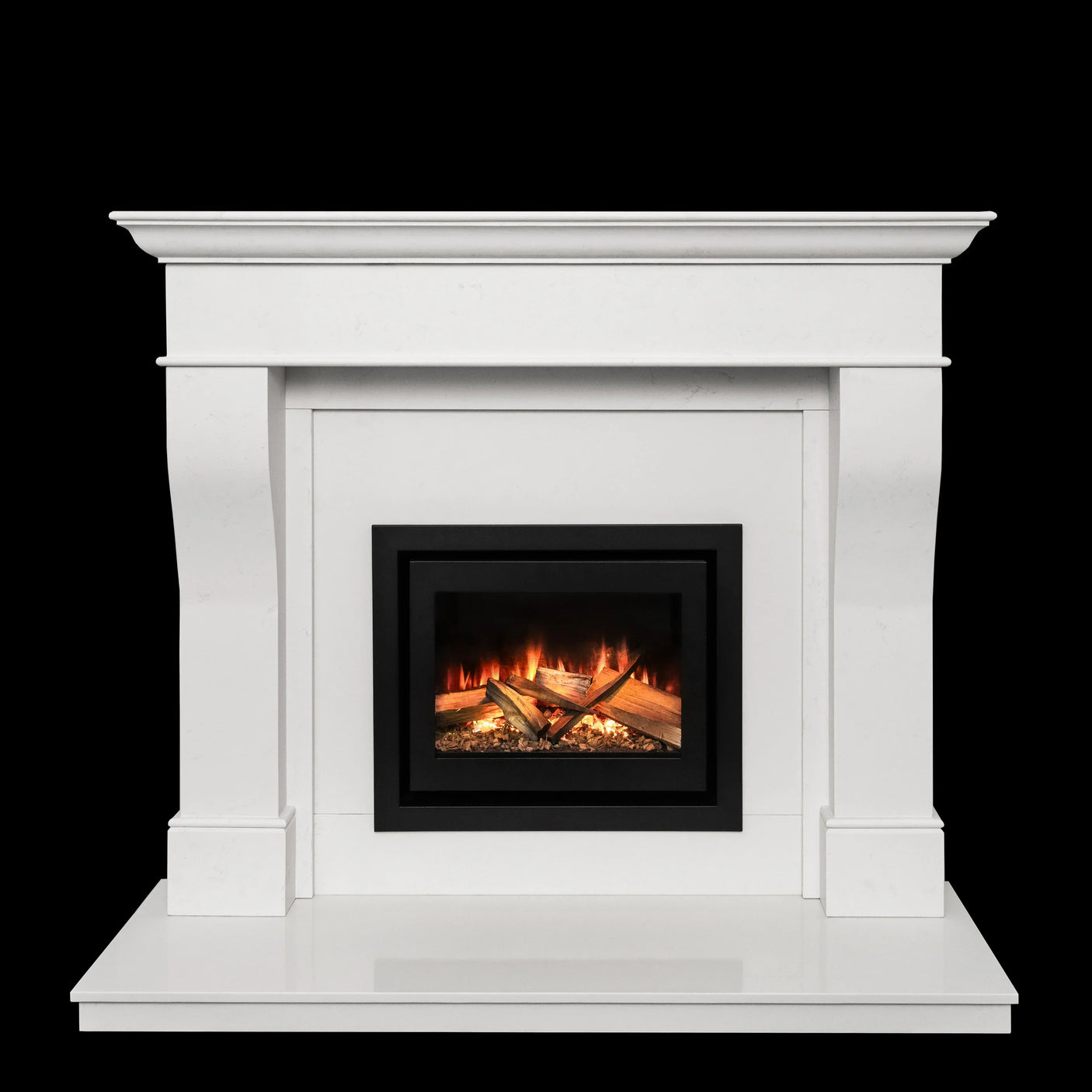 Modern white fireplace suite with black electric fire and realistic flame effect