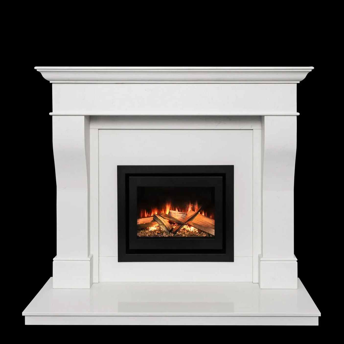 White marble fireplace with modern electric fire and black frame on glossy hearth