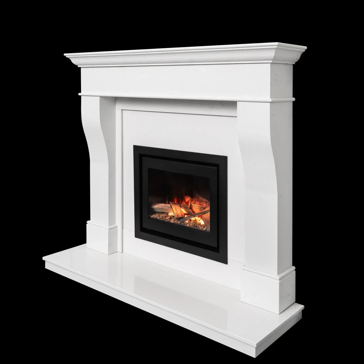 White fireplace suite with black inset electric fire and realistic glowing logs