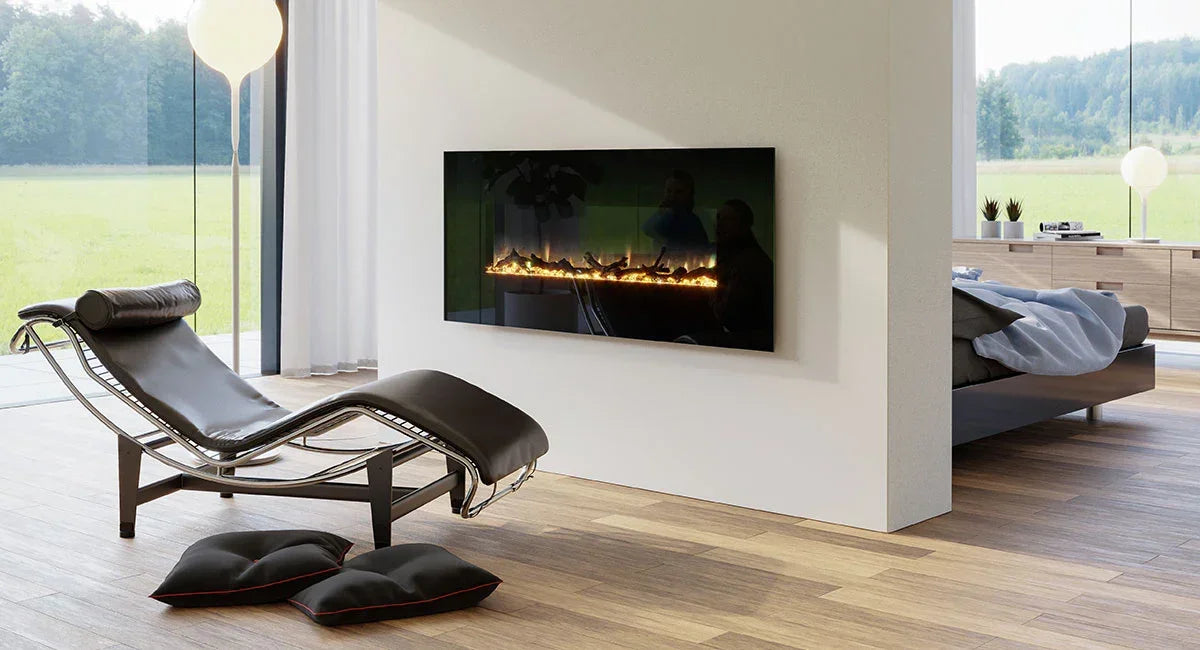 Modern electric fireplace wall mounted in contemporary bedroom with black chaise lounge