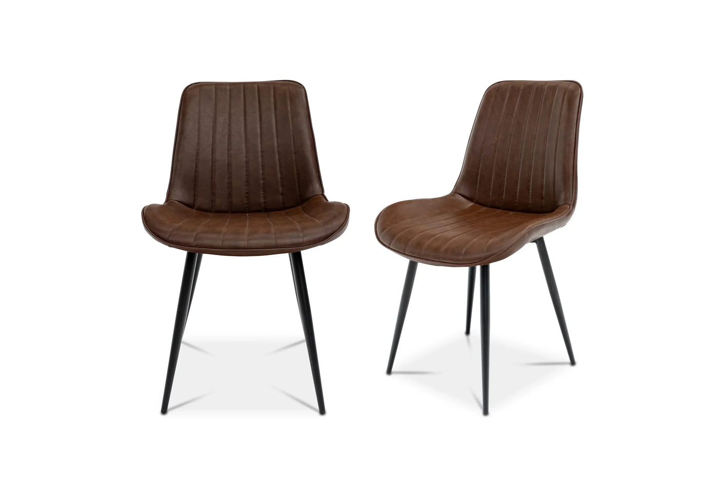 Brown faux leather dining chairs with black metal legs and vertical stitched detail
