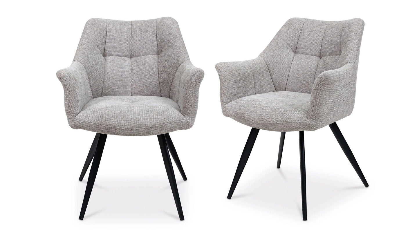 Light grey fabric accent chairs with black angled legs, modern upholstered armchair pair