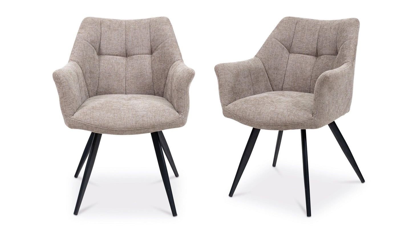 Pair of taupe fabric armchairs with black angled legs and curved backrest