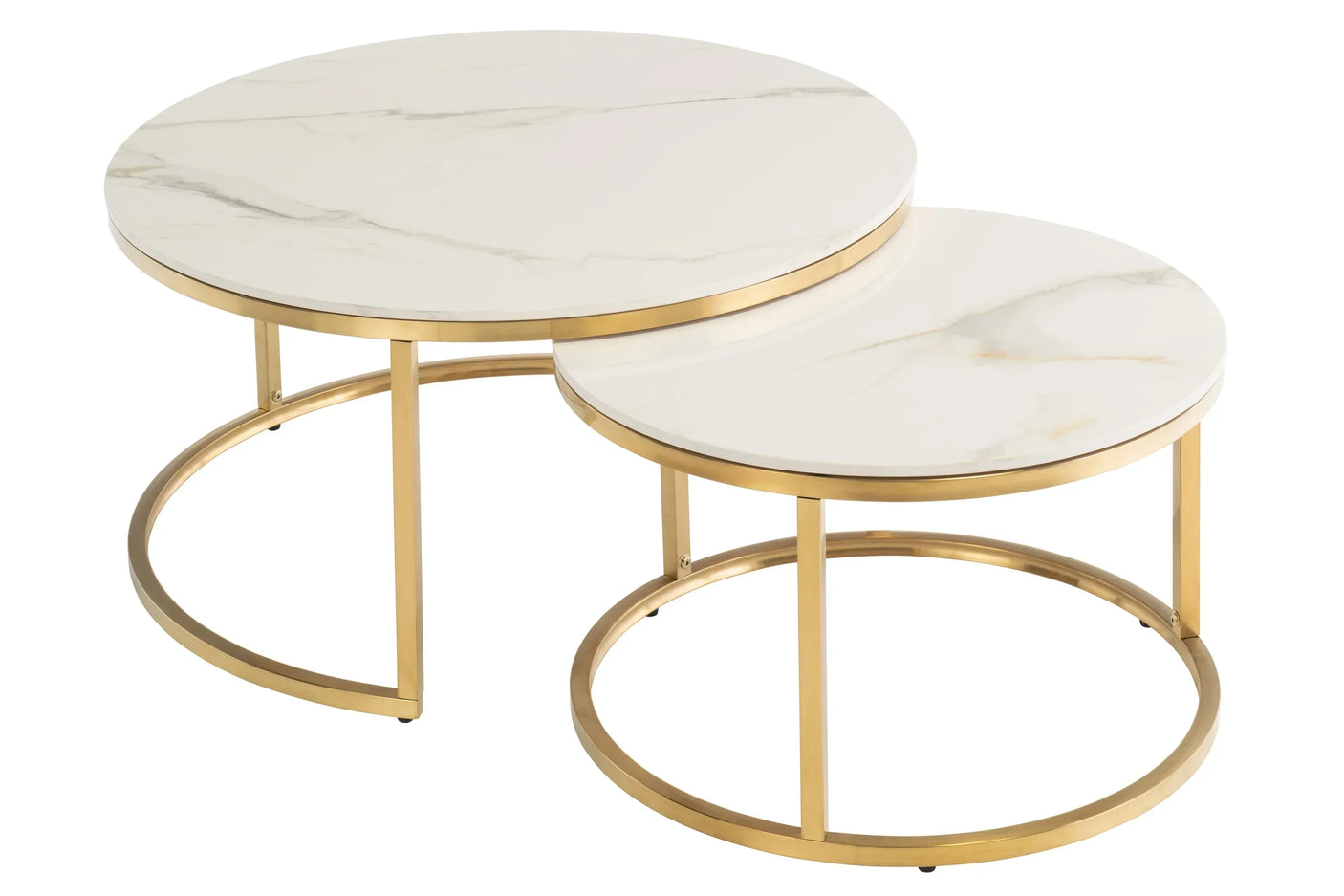 Round nesting coffee tables with white marble tops and gold metal frames