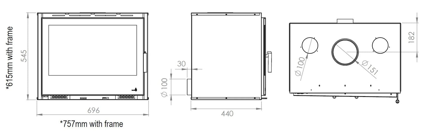 Stove technical drawing with front, side, and top views showing dimensions and flue outlets