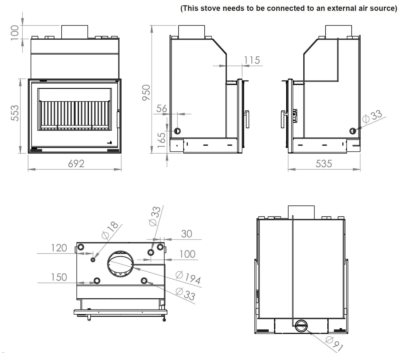 Portimao 700HT stove technical drawing with front, side, top and rear dimensions detailed