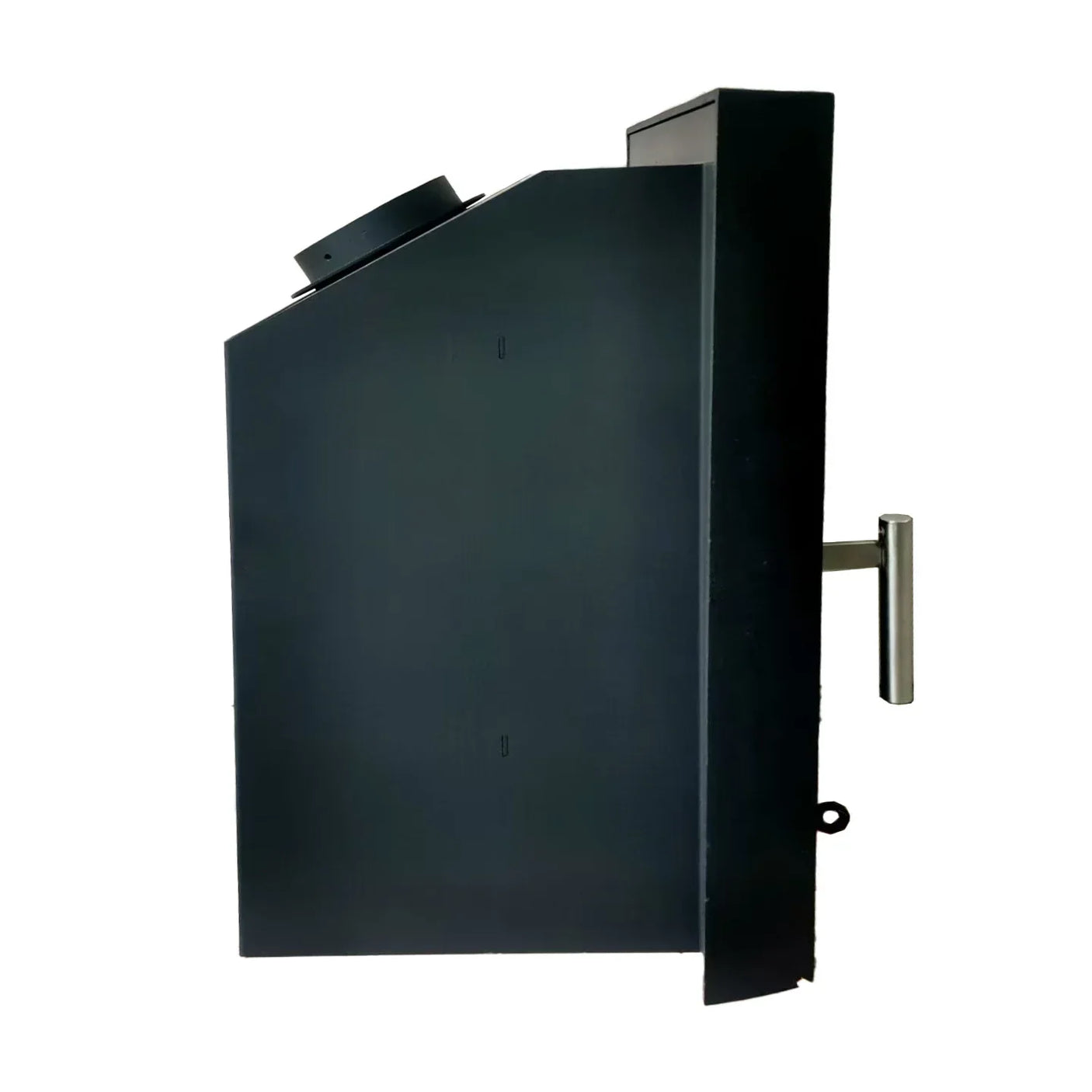 Black eco wood burning stove side view with silver handle and angled flue outlet