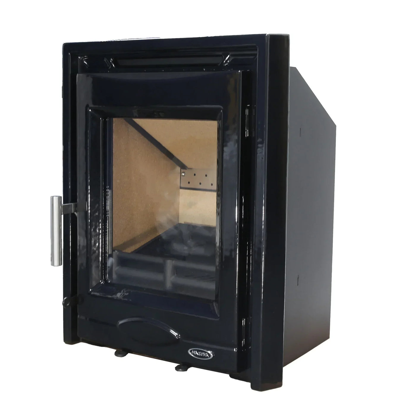 Black enamel wood burning stove with glass door and side handle, angled front view