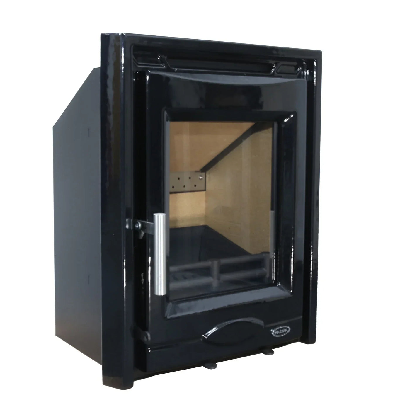 Black enamel inset stove with glass front and chrome handle, angled side view
