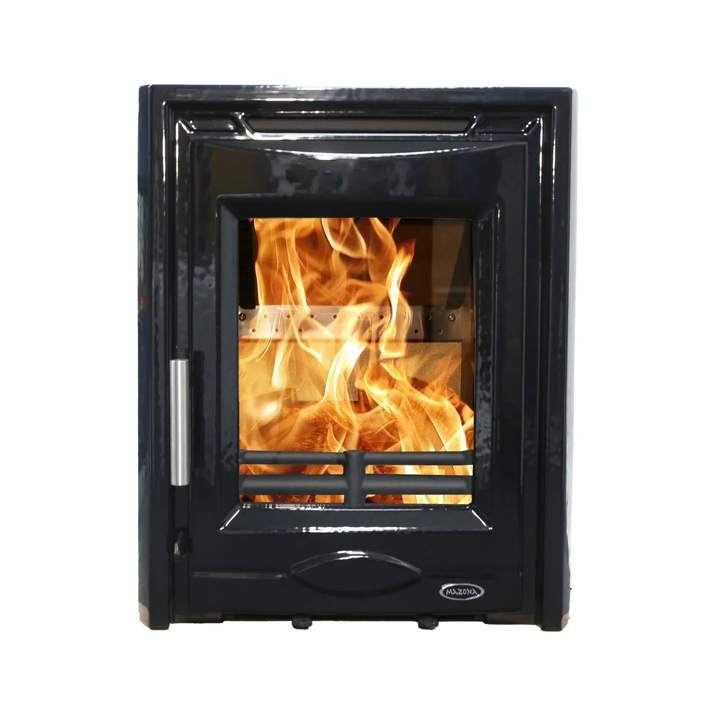 Black enamel wood burning stove with fire viewed from the front