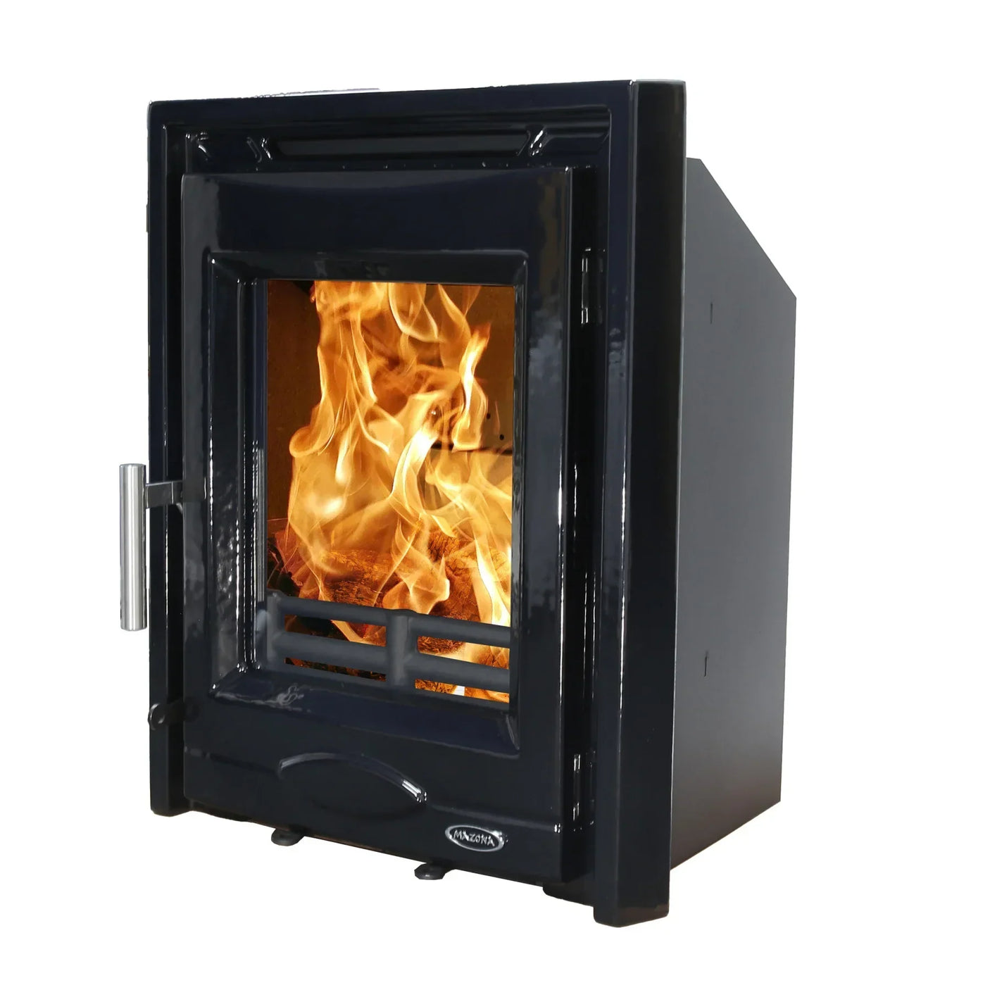 Black enamel multi fuel stove with glass door and visible flames, angled front view