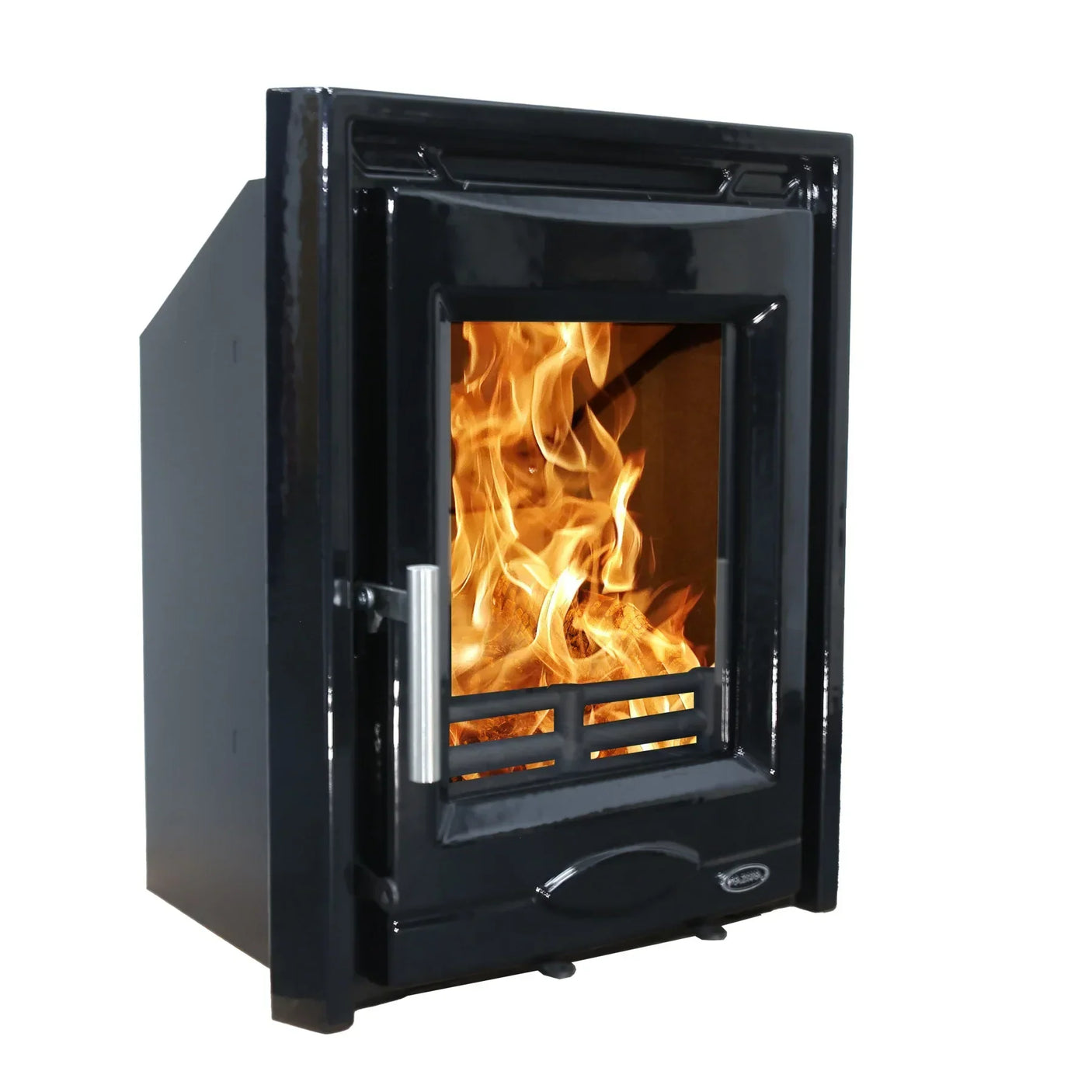 Black enamel inset wood burning stove with glass door showing flames, angled view