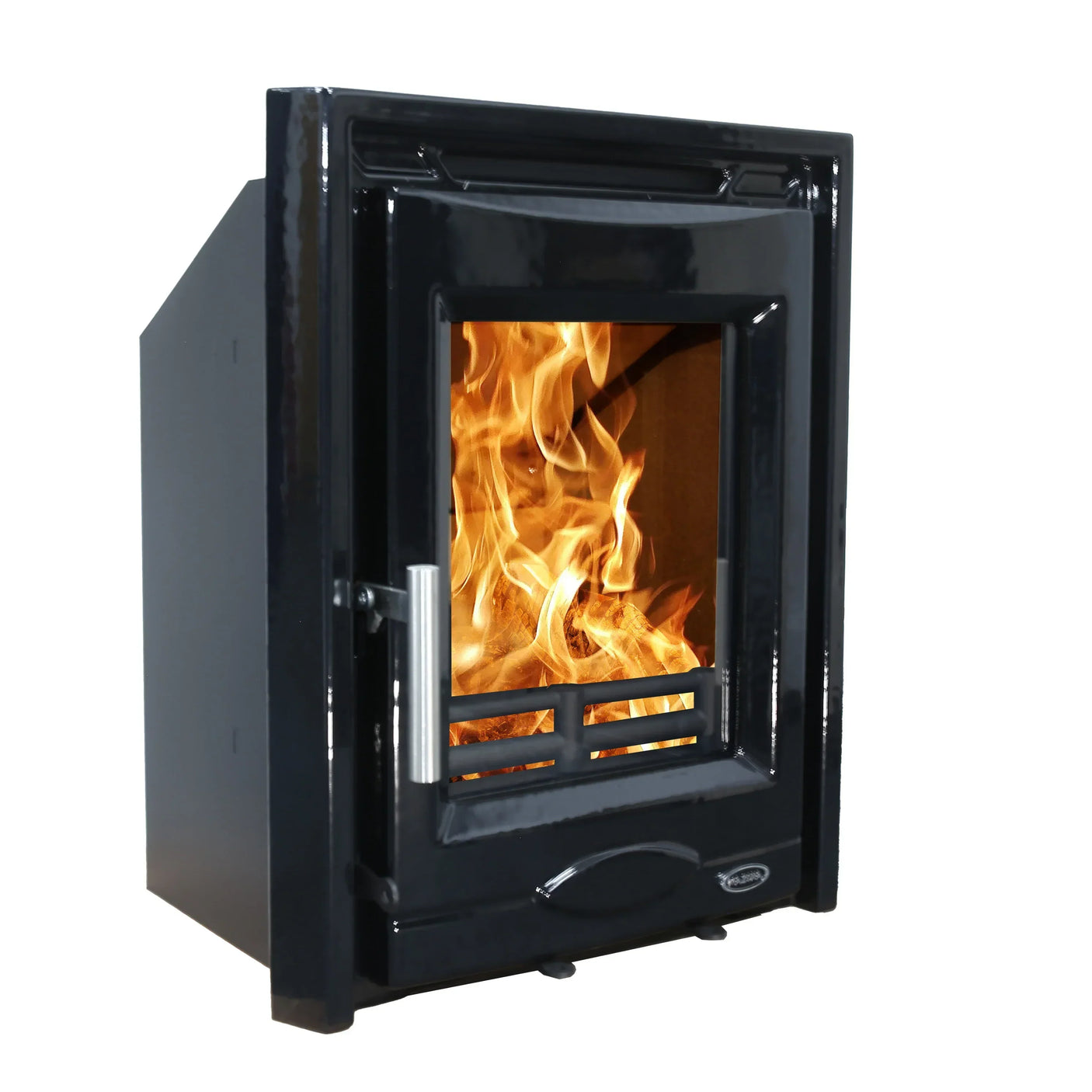Black enamel inset stove with glass door showing flames and silver handle, angled view