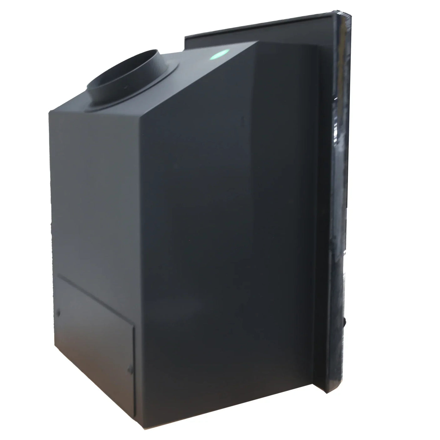 Black enamel stove chamber panel with angled flue outlet, shown from side angle