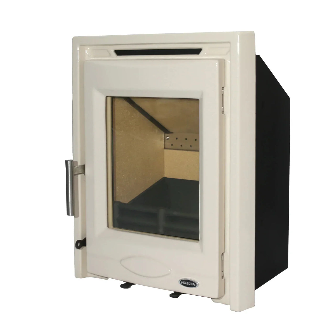 Cream enamel wood burning stove door with glass pane and stainless steel handle, angled view