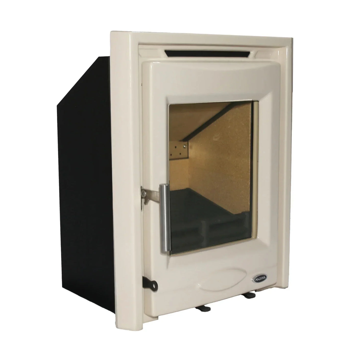Portland 5 enamel cream wood burning stove with glass door, angled side view