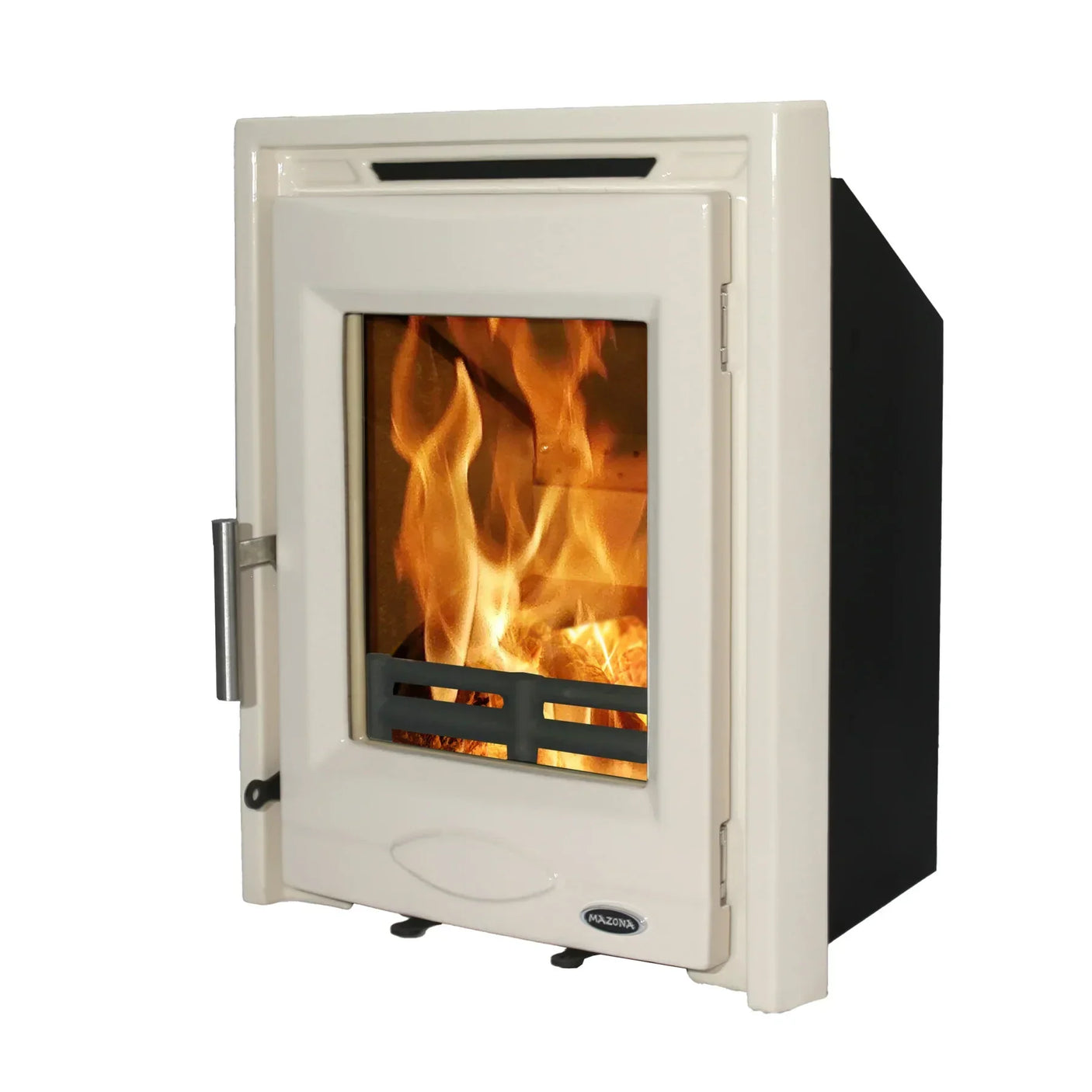 Cream enamel wood burning stove with glass door and visible fire, angled side view